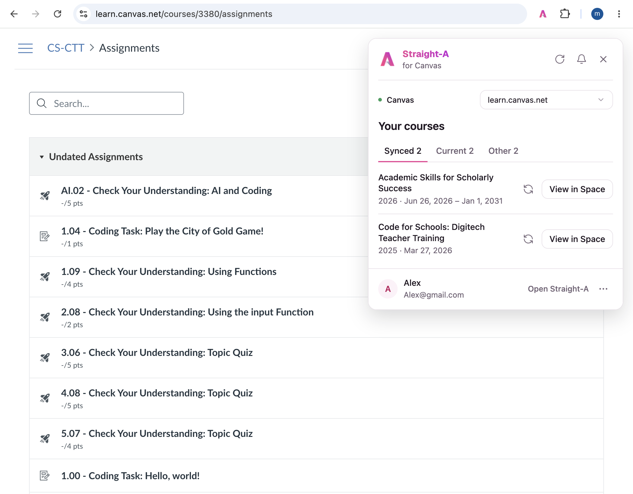 Straight-A Canvas Course Importer open on a Canvas assignments page